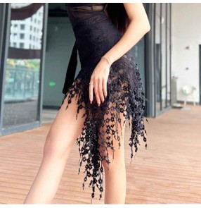 Flower lace Latin dance skirts for women girls salsa rumba Lace hip scarf Practice Dance wrap Skirts